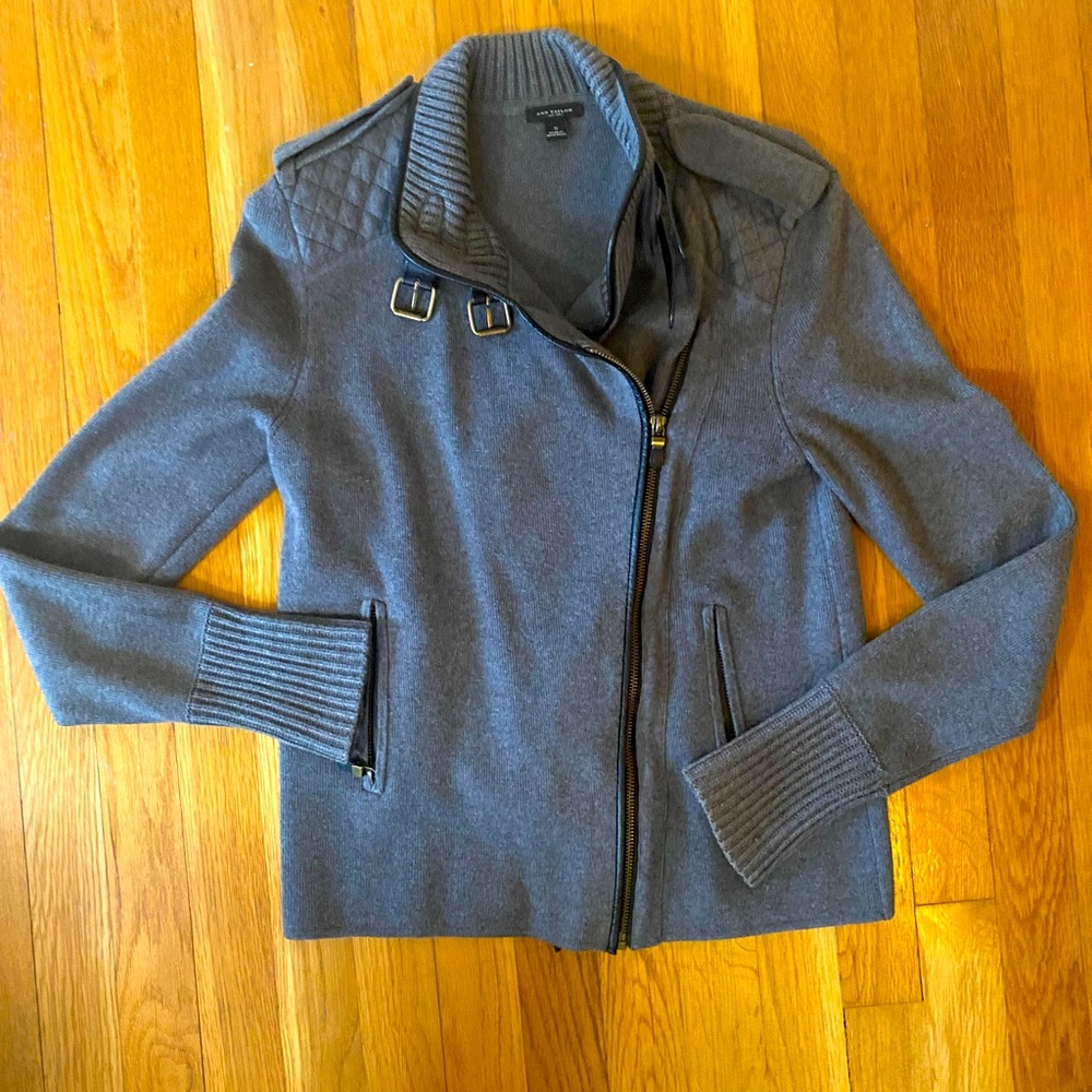 Ann Taylor Knit Top Sweater - Grey and Black Faux Leather Piping - SMALL